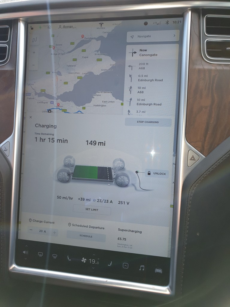 Picture of the touchscreen display in the Tesla Model S while charging on AC at the Cannongate Charging facility.